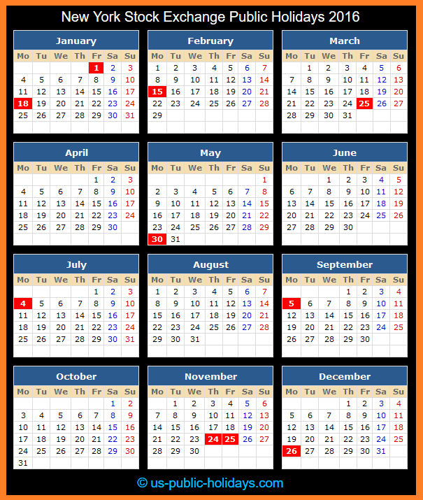 New York Stock Exchange Holiday Calendar 2016